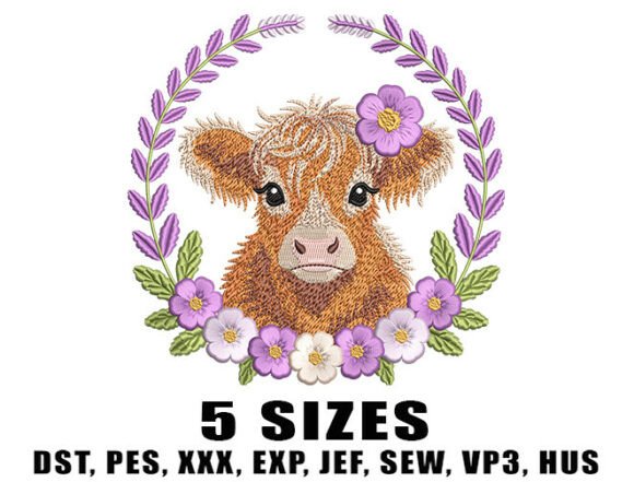Highland Cow with Lavender Floral Frame Embroidery Design